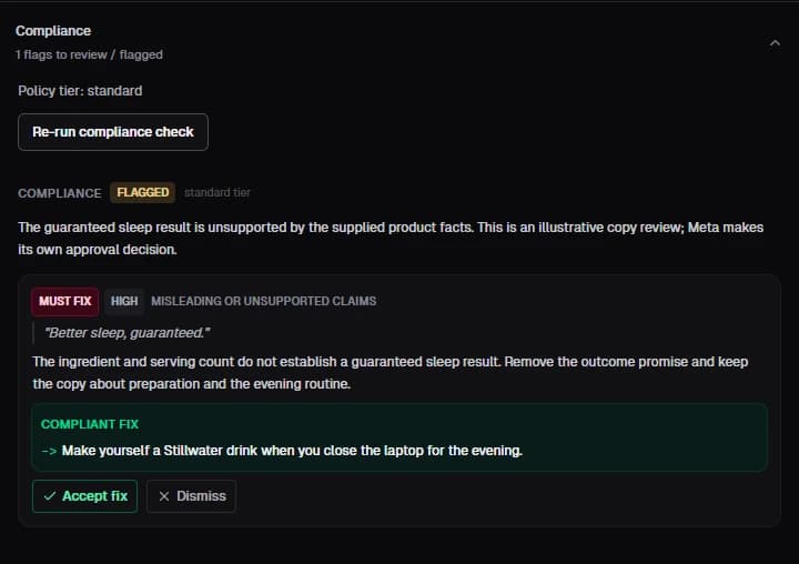 Actual copy compliance interface flagging Better sleep, guaranteed, explaining the unsupported claim and suggesting copy about making an evening drink